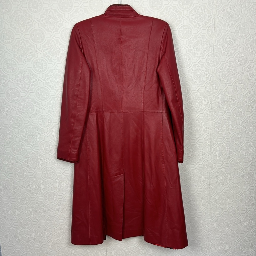 Vintage Retro Red Leather Jacket Longline Trench Old School 90s‎ Y2K Spice Girls - Picture 13 of 14